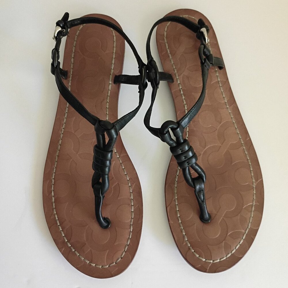 Coach T-Strap Leather Sandals Black Women's Size 9B Adjustable Buckle